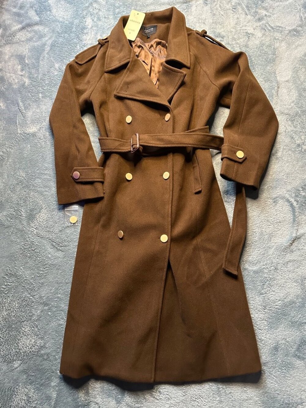 Ebossy Winter Double Breasted Wool Blend Coat Elegant Notched Lapel Belted Mid